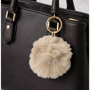 Beige Faux Fur Pom Pom Keychain Fluffy Puff Key Ring Bag Charm Accessory Soft